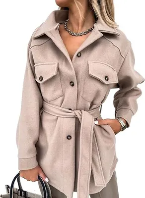 Produktbild von Damen Eleganter Langarm Mantel, Unifarbener Wollmix Shacket mit Reverskragen, Knopfleiste und Taillengürtel, Khaki