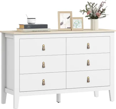 Image de HOMCOM Commode 6 tiroirs, meuble de rangement poignées en polyuréthane style moderne, plateau effet bois, commode chambre à coucher, salon, couloir, 120 x 40 x 78 cm, blanc