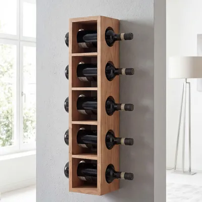 Image de FineBuy : casier à vin en bois massif d'acacia, design, fixation murale, pour 5 bouteilles, étagère moderne en bois avec tablette, 70 cm