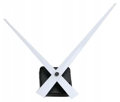 A close-up of a clock mechanism with two white hands, set against a white background.