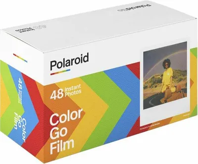 A box of Polaroid Go instant color film with a sample photo on the side.