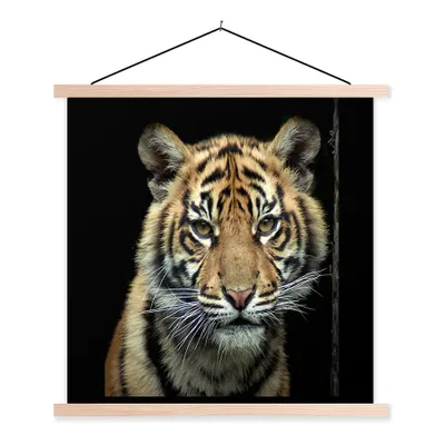 Produktbild von MuchoWow® Textilposter Tiger - Schwarz - Jungtier 120x120 cm mit holzfarbenen Rahmen - Textil-Poster