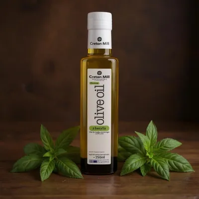 Image de Huile d'olive aromatisée Cretan Mill Extra Vierge au basilic, pressée à froid, 250 ml
