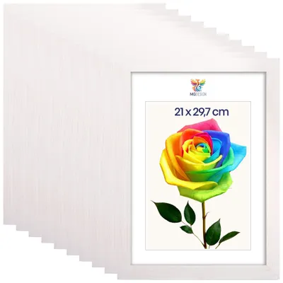 Produktbild von MG Design 10er Set Bilderrahmen Weiß A4 21x29,7 cm - Echtholzrahmen mit Acrylglas, hoch/quer, zum Aufhängen & Aufstellen