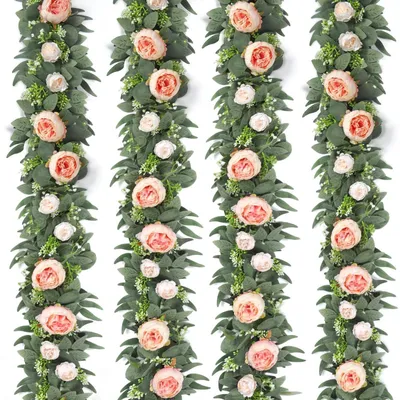Obrázek produktu pro Umělá květinová girlanda, 4 kusy, růže a eukalyptus, barva šampaňové růže, délka 170 cm, dekorace z hedvábných květin