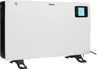 A white Tristar convection heater with a digital display and black legs, shown from the front-left.