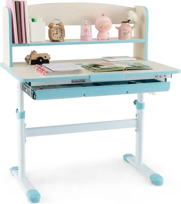 Produktbild von Höhenverstellbarer Schreibtisch mit Neigbarer Tischplatte & Schublade & Regal Kinder Studiertisch Blau