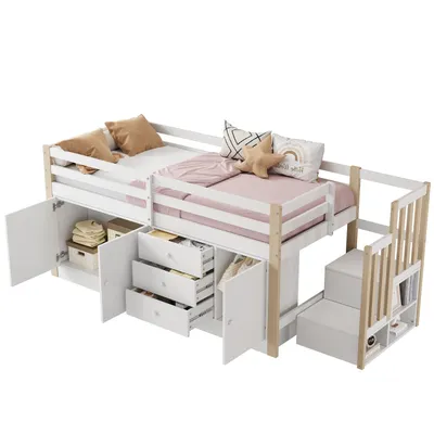 Produktbild von Kinderhochbett, Kinderbett, Einzelbett, Multifunktions-Kinderbett, mit Treppe, mit Schubladen, mit 2 Stauschränken und Wäschestange, ohne Matratze