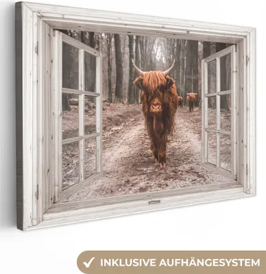 Zdjęcie produktu dla MuchoWow® - Obraz na płótnie - Widok - Szkocki Góral - Okno, obraz na ścianę, dekoracja ścienna obrazy do salonu, 120x80cm