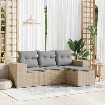 Produktbild von Design 4-tlg. Garten-Sofagarnitur mit Kissen Beige Poly Rattan, Gartenmöbel-Sets 2024 Neu