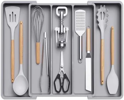 Produktbild von PolkaHome® Besteckladen-Organizer, ausziehbarer Küchenschubladen-Organizer, verstellbarer Besteckkasten, Kunststoff-Besteckaufbewahrung