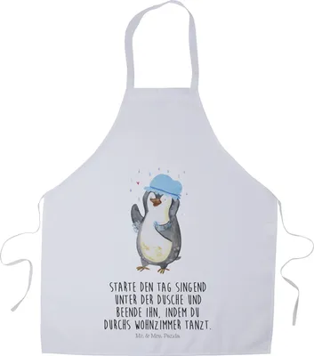 Produktbild von Mr. & Mrs. Panda Küchenschürze Pinguin Duschen - Weiß - Geschenk, Dusche, Tanzen, Schürze, Grillschürze, Singen, Pinguine, Gastro-Schürze, Kochschürze, Küchenzubehör