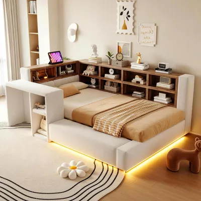 Produktbild von Flieks Schlafsofa 90x200cm mit Integriertem Schreibtisch, Polsterbett mit Led und Steckdose, Tagesbett Jugendbett mit Staufach, Daybed Samt, Beige