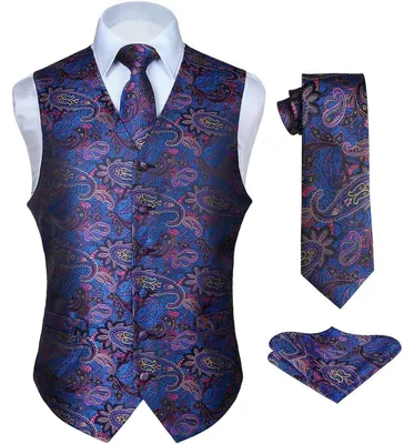 Productafbeelding van Herenset: Vest, das, zakdoek, jacquard, bloemenprint, blauw en roze, maat 4XL, 100% zijde