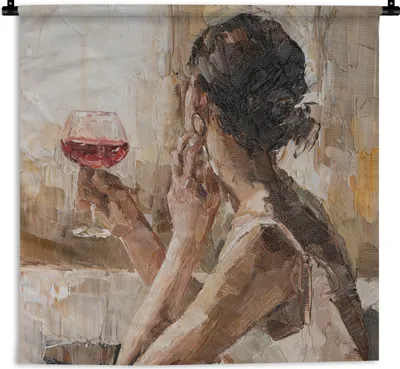 Produktbild von MuchoWow® Wandteppich Wandbehang Gemälde - Ölfarbe - Frau - Wein 90x90 cm Tapisserie Dekoration Wandtuch - Wandaufhänger