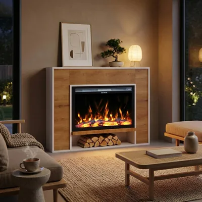 Produktbild von Garlivo Elektrokamin 'VENEZIA Weiss/ Eiche ' | LED Standkamin in weiss mit Heizung (1500 W) | HxBxT: 108x136x28cm