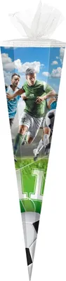 Produktbild von Schultüte Fußballmatch 85cm mit weißem Tüllverschluss 6eckig