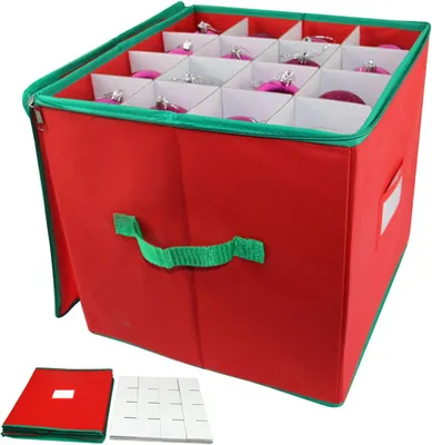 Immagine prodotto di Contenitore per palline di Natale, capacità 64 pezzi, con maniglia e coperchio. Organizzatore per decorazioni natalizie, realizzato in tessuto non tessuto, colore rosso, dimensioni 33x33x33 cm