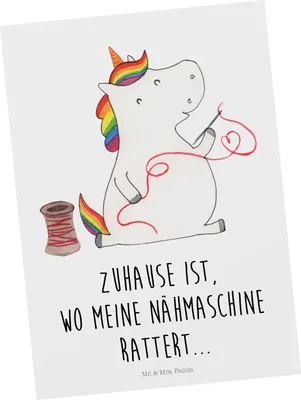 Produktbild von Mr. & Mrs. Panda Postkarte Einhorn Näherin - Weiß - Geschenk, Häkeln, Grußkarte, Ansichtskarte, Ansichtskarten, Postkarten, bildkarte, Unicorn, Einhörner, Stricken, Nähen