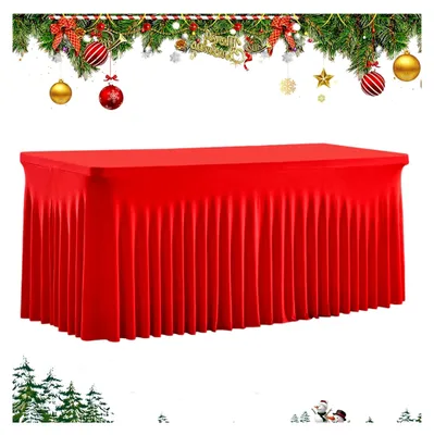 Produktbild von Weihnachtlicher Tischrock, 1,83 m Rechteckiger Rüschen-Roter Tischrock, Wasserabweisende Tischdekoration für Veranstaltungen