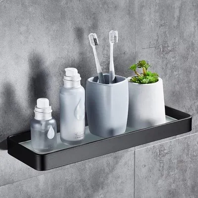 Zdjęcie produktu dla Unyqoos® Kosz prysznicowy samoprzylepny – półka do prysznica bez wiercenia, 1 sztuka, 30 cm, czarny, aluminium i hartowane szkło