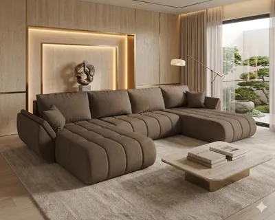 Produktbild von CORNERO Ecksofa mit Schlaffunktion SYDNEY PREMIUM Ecksofa U-Form Couch mit Bettkasten Wohnlandschaft mit Stauraum Velourstoff Braun