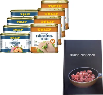 Produktbild von TULIP Frühstücksfleisch 4x Schwein 200g + 4x Hähnchen 340g Delikatesse +Kochbuch