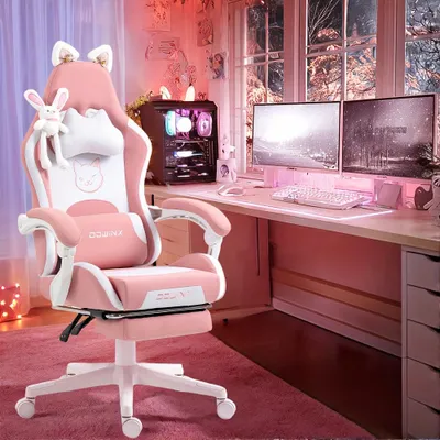 Image de Chaise de bureau ergonomique de couleur rose, avec hauteur réglable, repose-tête et support lombaire
