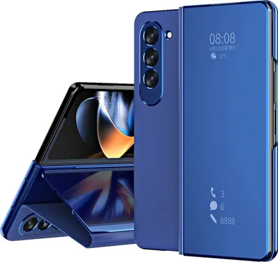 Produktbild von Hülle für Samsung Galaxy Z Fold 5 Lichtdurchlässigen Spiegel Abdeckung, Klappetui Ständer Kunstleder Schutzhülle Blau