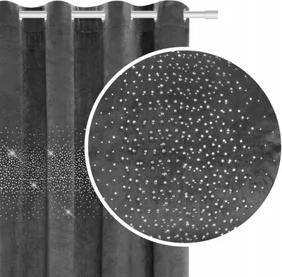 A close-up view of a gray velour curtain with scattered crystals, showing the texture and sparkle.