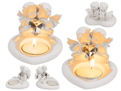 Image de Porte-bougies à réchaud à coeur avec couple d'anges & coeur en cristal Aléatoire