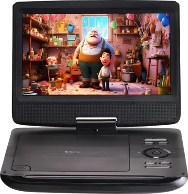 A portable DVD player is shown open, displaying a cartoon scene on its screen. The player is black and gray.