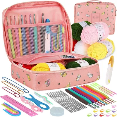 Produktbild von Aeelike Häkelnadeln Set mit Katze, 59 Stück, Bunte, Ergonomische Nadeln, Weicher Griff, 0,6 - 6,0 mm, Häkelset mit Zubehör