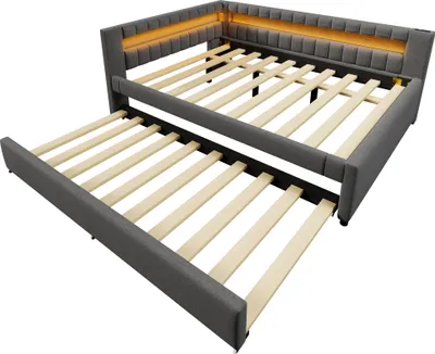Image de Lit de jour, canapé-lit, 140 × 200 cm, lit avec bande lumineuse LED à télécommande à l'extrémité, avec ports USB et Type-C, lit gigogne (sans matelas), lin, gris