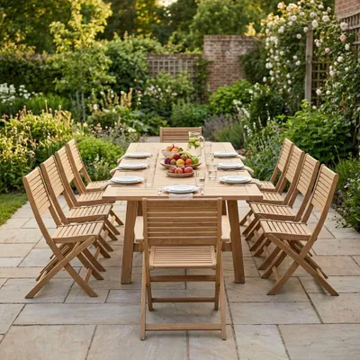 Immagine prodotto di Milani Home - Set tavolo e sedie da giardino per esterno in legno resistente di teak cm.220/300x100x77 h con 10 sedute - Marrone