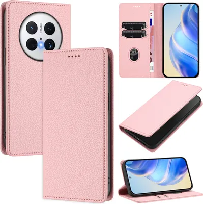 Produktbild von Litchi Leder Handyhülle für Huawei Mate 70 Pro Wallet Kartenfächer Standfunktion Hülle Pink