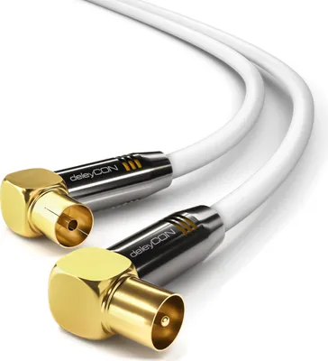 Produktbild von deleyCON 15m TV Antennenkabel HDTV Full HD - 2x gewinkelt - Koaxialkabel - TV-Stecker (90° Grad) zu TV-Buchse (90° Grad) - Metallstecker - Weiß