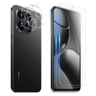 A split image showing a smartphone with camera lens protectors on the left and a smartphone with screen protectors on the right.