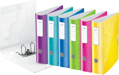 A row of colorful binders on a white background.
