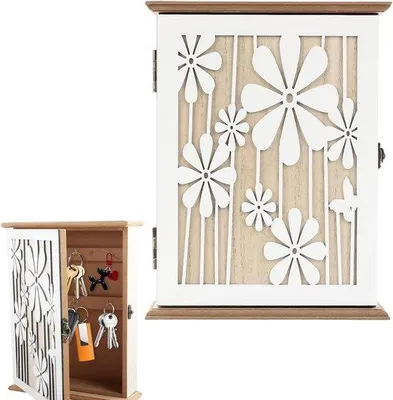 Productafbeelding van Sleutelkastje vintage hout met 6 sleutelhaakjes, witte madeliefjespatroon, houten sleutelbox
