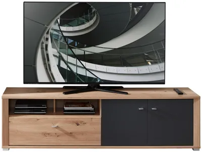 TV Lowboard PABLO 193 cm Eiche – Graphit mit Eiche-Korpus, graphiten Türen und offenem Fachbereich, Gesamtansicht von vorne.