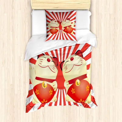 Produktbild von ABAKUHAUS japanische Katze Bettbezug Set, Starburst Linien Funky Asian Good Luck, die Spaß-Katzen-Liebhaber, 135 x 200 cm + 80 x 80 cm, Dunkle Coral Creme