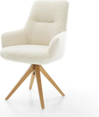 Produktbild von DELIFE Drehstuhl Zelia-Flex mit Armlehnen Teddystoff Beige Holzgestell kantig Natur 180° drehbar Taschenfederkern