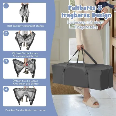 Image de Lit bébé 5 en 1, lit d'appoint portable, lit de voyage avec matelas pliable, 102 cm x 72 cm x 74 cm, gris