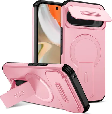 Produktbild von Magnetisch Hülle für Google Pixel 9 Pro XL/Pixel 10 Pro XL, Dual Layer Stoßfest Handyhülle mit Dia Kameraschutz, Verstellbarem Ständer Pink