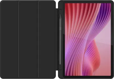 A black tablet case with a stylus holder is shown open, revealing a tablet screen with a colorful abstract wallpaper.