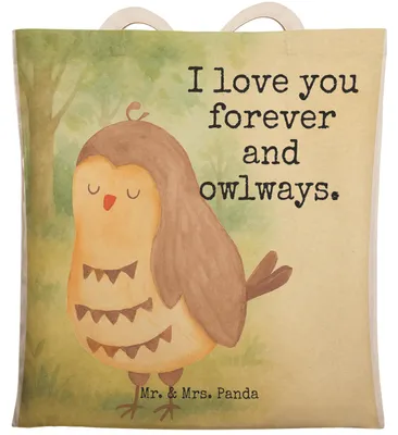 Produktbild von Mr. & Mrs. Panda Tote Bag Eule Zufrieden Design - Weiß - Geschenk, Liebesspruch, Tasche, shopping, Stofftragetasche, Beuteltasche, Hochzeitstag, Einkaufstasche, Owl