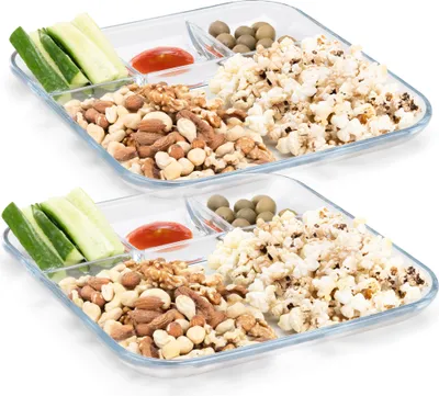 Immagine prodotto di Set di 2 piatti da porzione Navaris con divisori in vetro - 2x piatto diviso per il controllo delle porzioni con 4 scomparti - piatto snack con divisori