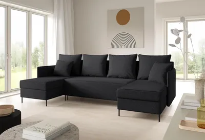 Produktbild von LIKMA Schwarz Ecksofa ZAVO U-Form 286x142 cm mit Schlaffunktion (274x140 cm) Eckcouch mit 3 Bettkasten und Füßen Wohnlandschaft