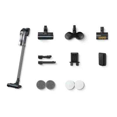 A collection of vacuum cleaner attachments and accessories laid out on a white background.